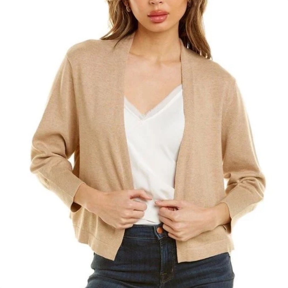 Jude Connally Camel Tan 100% Pima Cotton Open Front 3/4 Sleeve Cardigan Women Md
